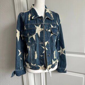 ESSUE Women's Distressed Denim Jacket Painted Stars Design Patriotic S